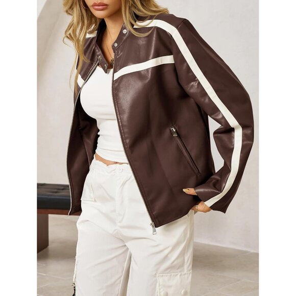 Women's Brown Faux Leather Zip Up Moto Biker Y2K Racing Bomber Jackets - Picture 4 of 7